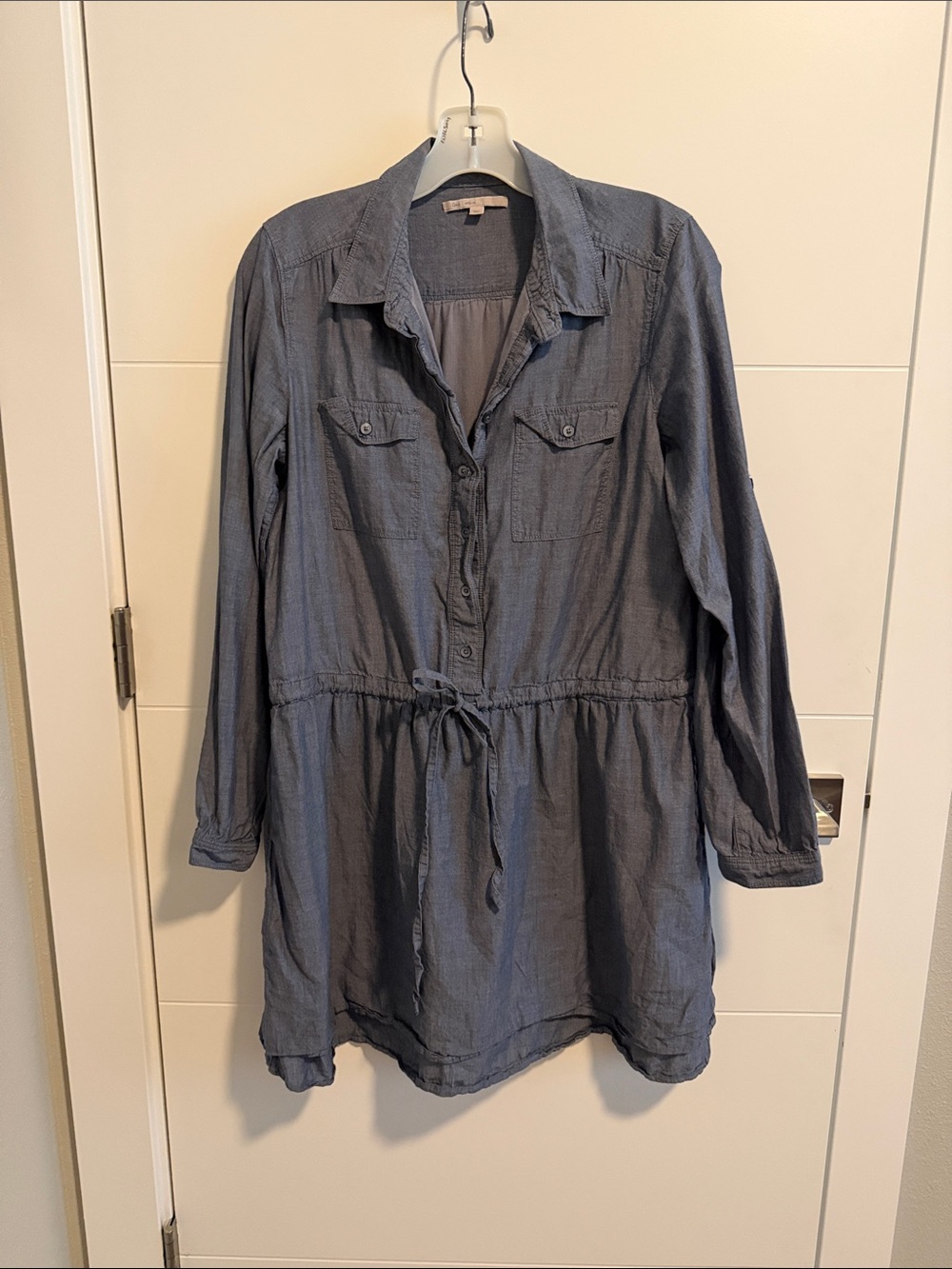 Casual Blue Button-Front Drawstring Waist Shirt Dress
